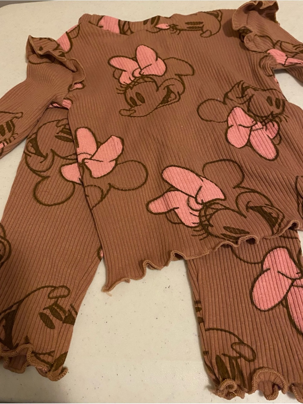 Disney Minnie Mouse Ribbed Brown Top with Pink Accent Print